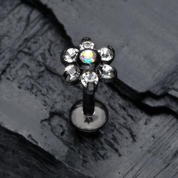 Detail View 1 of Blackline Brilliant Sparkle Flower Top Internally Threaded Steel Labret-Clear Gem/Aurora Borealis